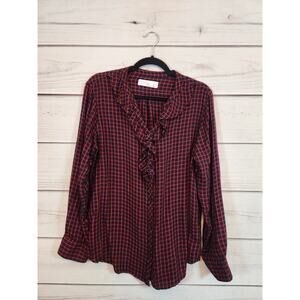 Time & Tru Womens Black Red Plaid Ruffle Long Sleeve Button Front Blouse Size XL